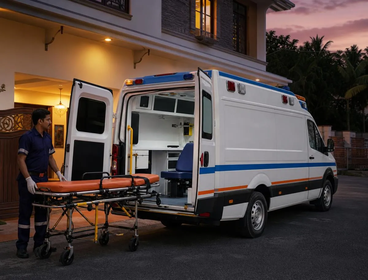 Paramedic preparing a stretcher beside an ambulance outside a residential home