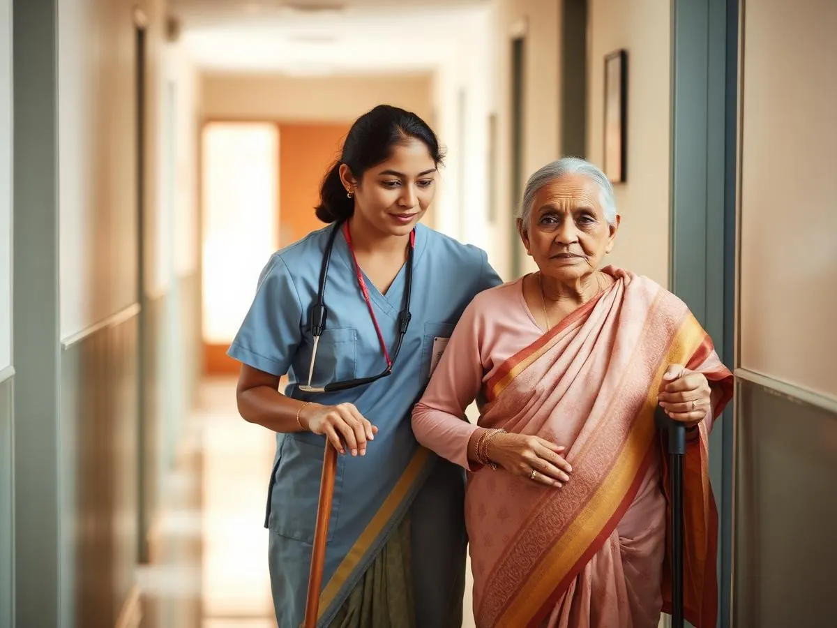 Caregiver gently supporting an elderly woman as she walks with a cane at home