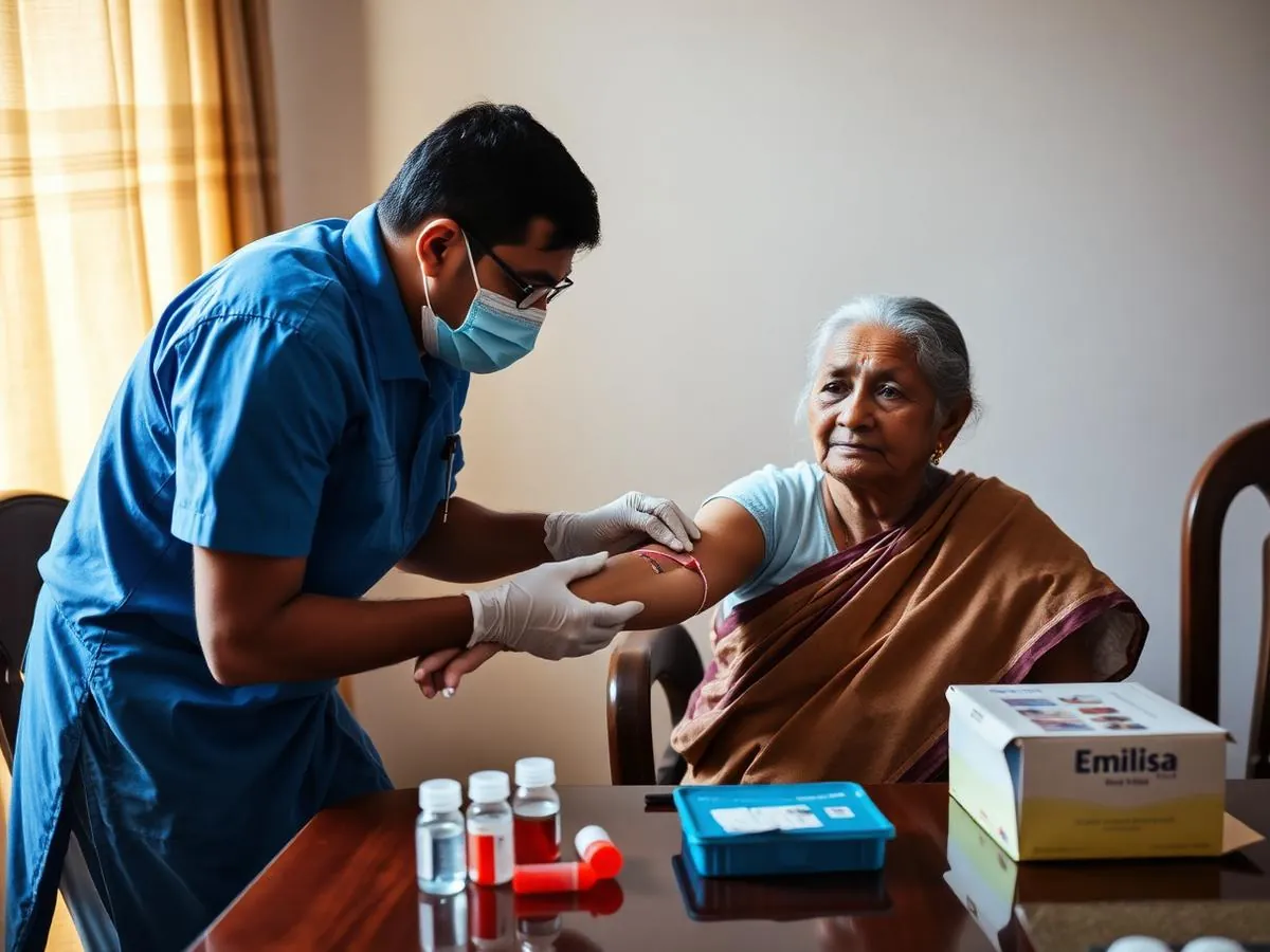 Technician collecting a blood sample from an elderly woman at her home dining table