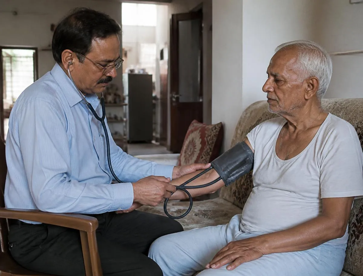 Doctor consulting an elderly man seated in his living room at home