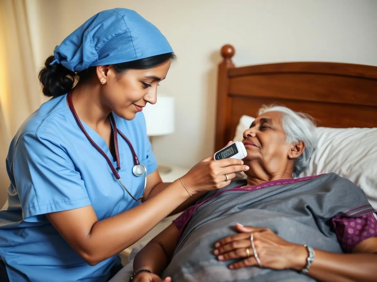 Nurse checking the vitals of an elderly woman resting in her bed at home